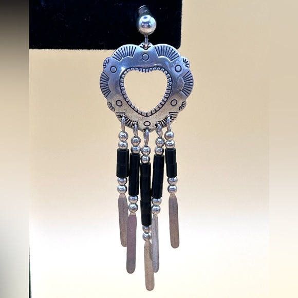 Vintage Native American Sterling Silver Heart Dangle Earrings 2" TK Emerson - Picture 3 of 9